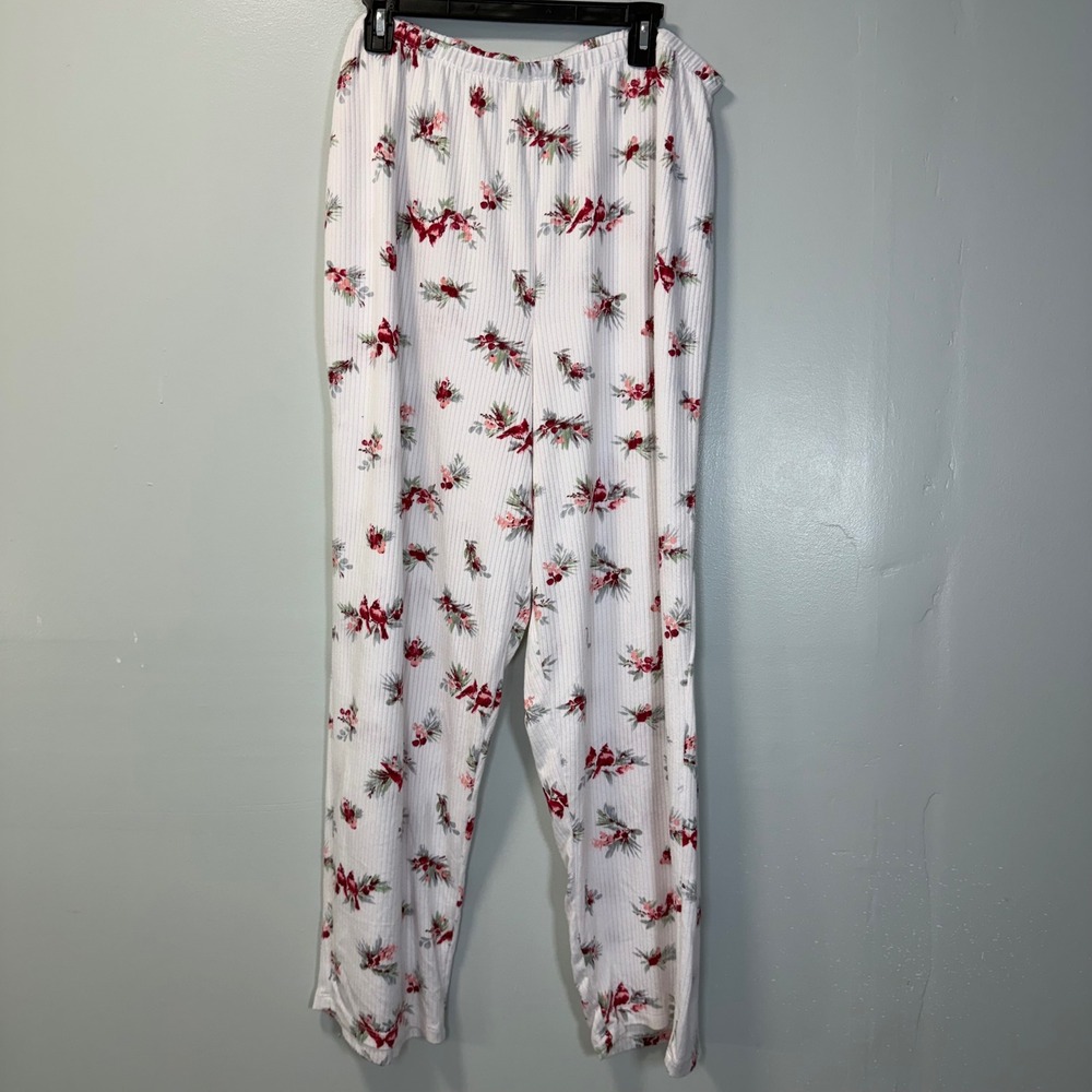 Laura Ashley Womens 2X Pajama Pants White Cardinal Floral Ribbed Knit 9993-37